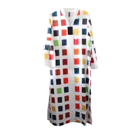 Koandaily V Neck Maxi Shift Dress Multicolor Geometric Pattern Bell Sleeves Sz 8 - Picture 1 of 8